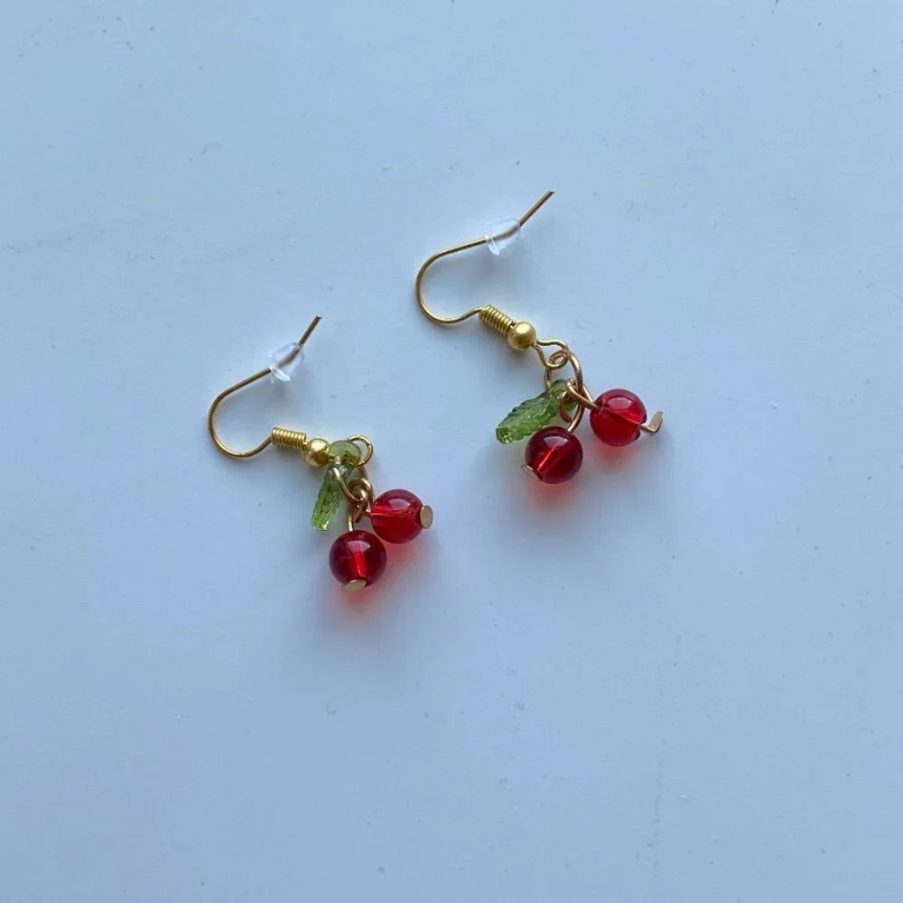 Cherry Earrings GOLD STAINLESS STEEL Cute Kawaii Fruit Jewelry - Picture 3 of 7